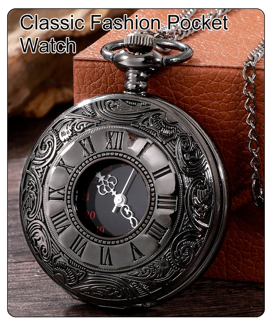 Relógio de bolso Steampunk com corrente para homens e mulheres, colar com pingente, charme vintage, preto, número romano, quartzo, moda unissex, presente