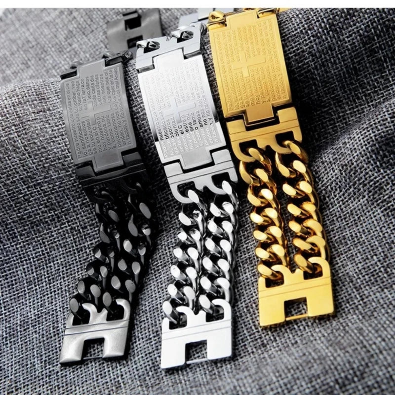 Hnsp 24mm de largura 316l aço inoxidável corrente cubana cruz pulseira para homens jóias masculino mão corrente envoltório pulseiras acessório punk