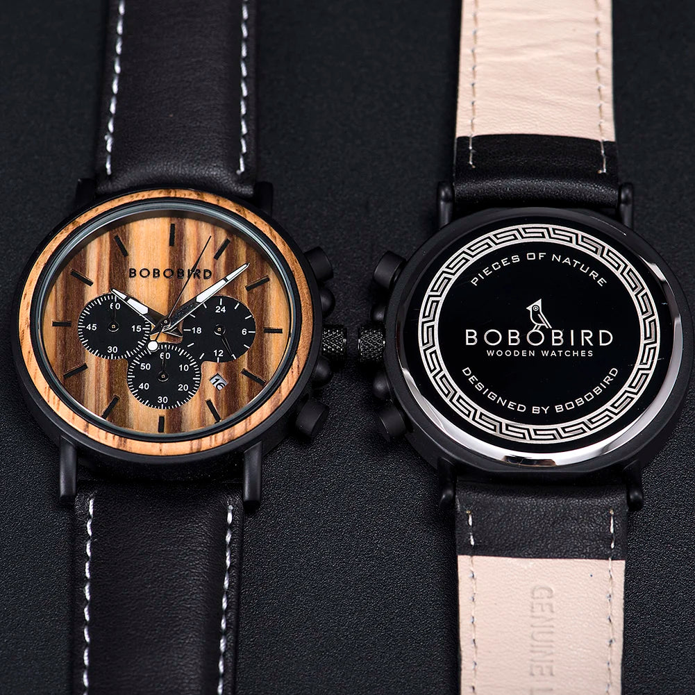 Bobobird relógio masculino de luxo, cronógrafo de quartzo, relógio de pulso personalizado, pulseira de metal e madeira, caixa de presente