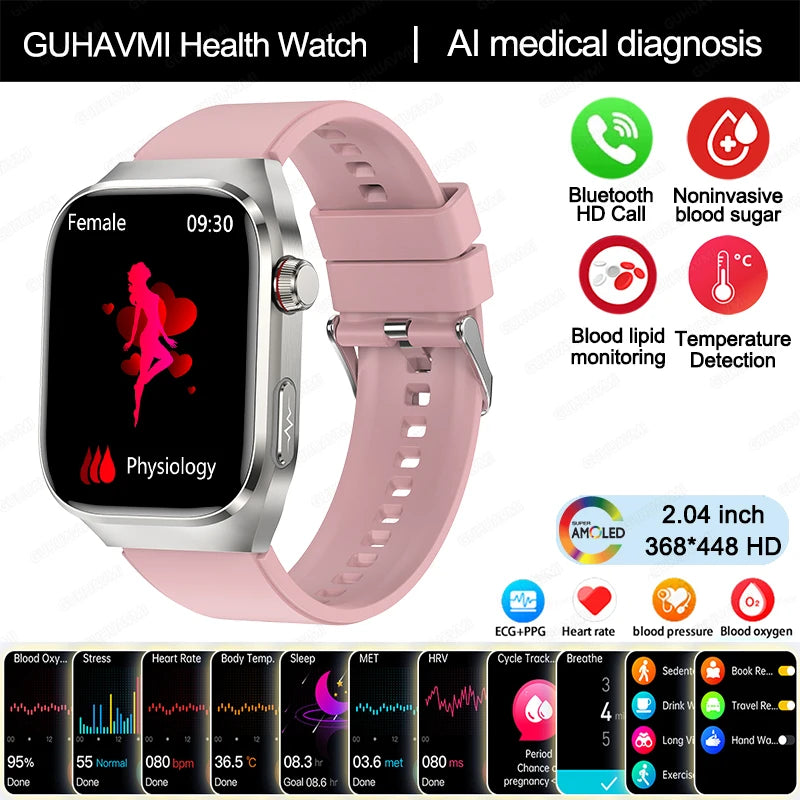 2024 novo grau médico ácido úrico gordura no sangue smartwatch ecg glicose no sangue freqüência cardíaca pressão arterial monitoramento de saúde relógio inteligente