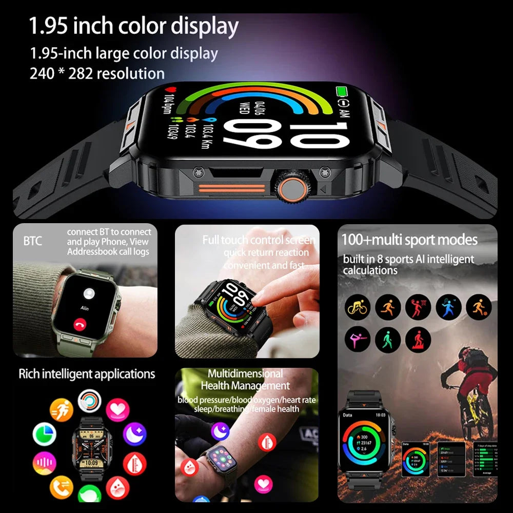 Novo esportes ao ar livre relógio inteligente masculino 1.95 polegada freqüência cardíaca oxigênio no sangue à prova dwaterproof água bt chamada smartwatch presente masculino para android ios