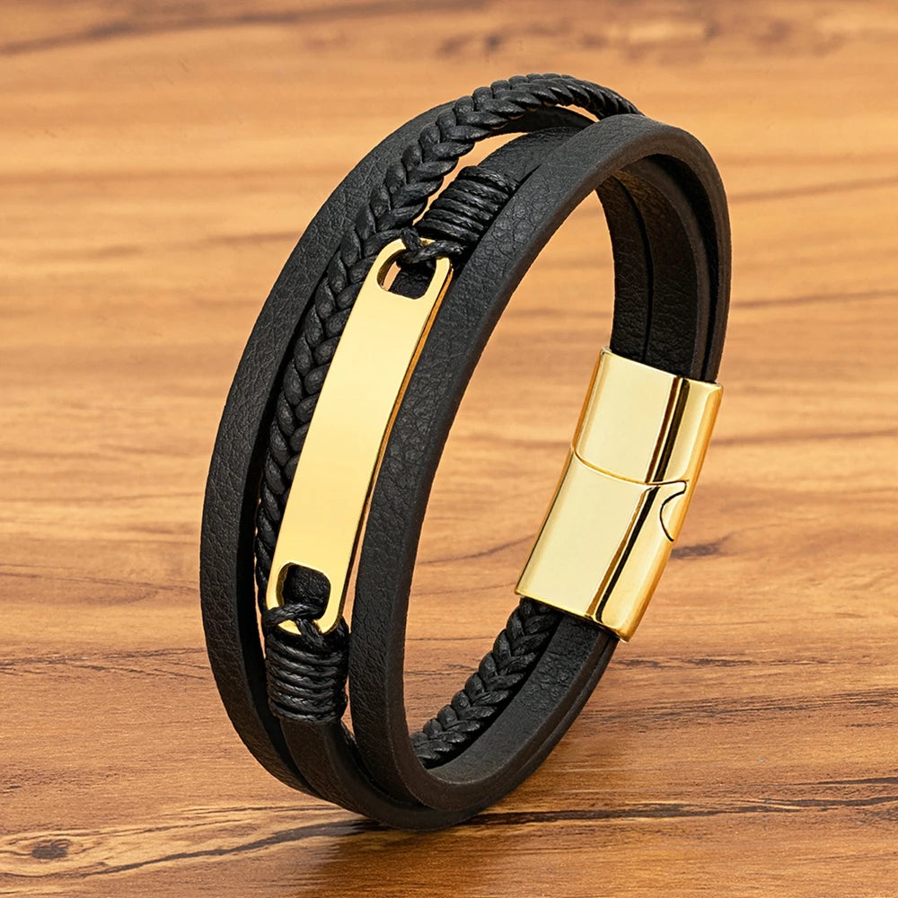 Xqni pulseira de couro trançado multicamadas, masculina, tendência legal, aço inoxidável, fivela casual, acessórios de joias, presente