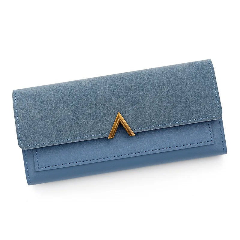 Nova versão coreana carteira feminina longa fivela em forma de v carteira três dobras para mulher, bolsa de mão, bolsa de cartão de mudança
