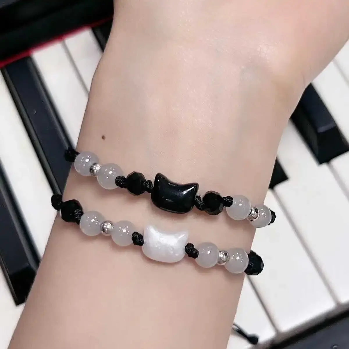 2 pçs natural moonstone obsidiana pulseiras artesanal casal bonito preto branco gato pulseira acessórios jóias