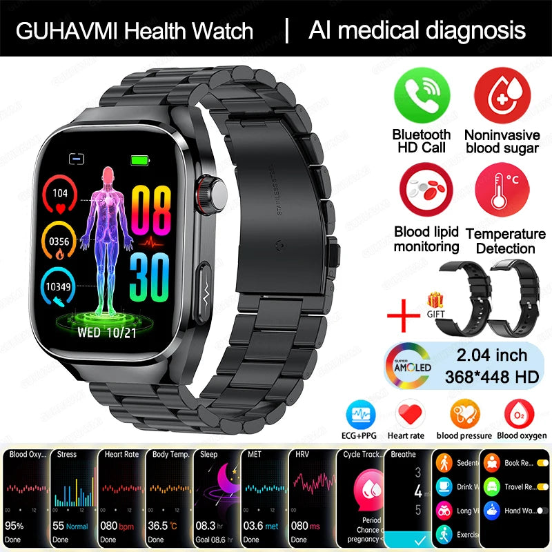 2024 novo grau médico ácido úrico gordura no sangue smartwatch ecg glicose no sangue freqüência cardíaca pressão arterial monitoramento de saúde relógio inteligente