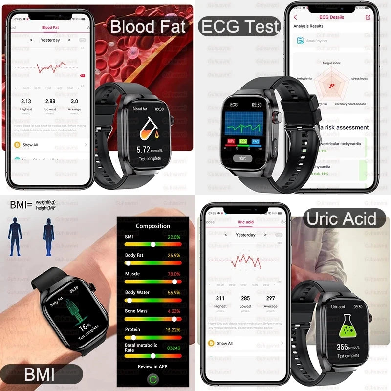 2024 novo grau médico ácido úrico gordura no sangue smartwatch ecg glicose no sangue freqüência cardíaca pressão arterial monitoramento de saúde relógio inteligente