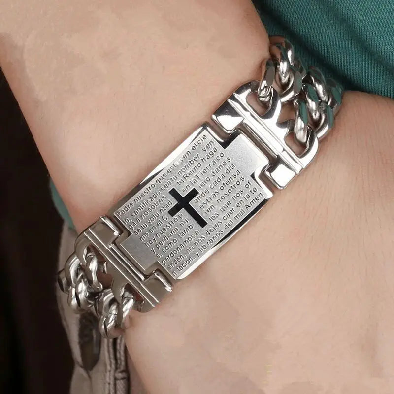 Hnsp 24mm de largura 316l aço inoxidável corrente cubana cruz pulseira para homens jóias masculino mão corrente envoltório pulseiras acessório punk