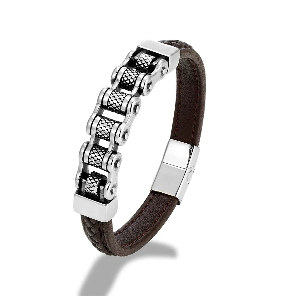 Mkendn punk masculino corrente de motociclista trançado pulseira de couro genuíno aço inoxidável fivela magnética pulseira presentes homme pulseras