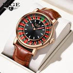 Lige moda couro marrom relógio masculino mostrador rotativo las vegas roleta tema de mesa relógio masculino à prova dwaterproof água relógios luminosos