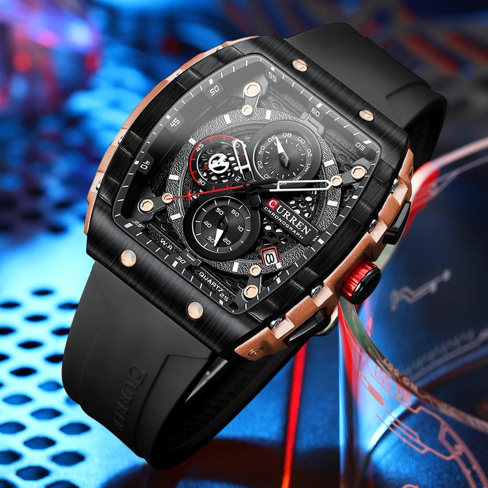 CURREN Esporte Cronógrafo Relógio de Quartzo para Homens Moda Azul Pulseira de Silicone Tonneau Dial Relógio de Pulso com Data 3atm À Prova D 'Água