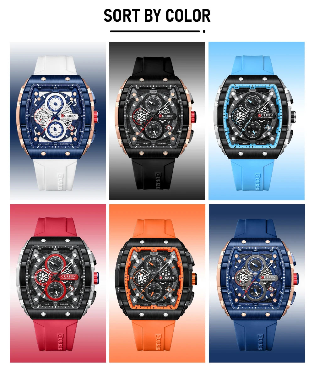 CURREN Esporte Cronógrafo Relógio de Quartzo para Homens Moda Azul Pulseira de Silicone Tonneau Dial Relógio de Pulso com Data 3atm À Prova D 'Água