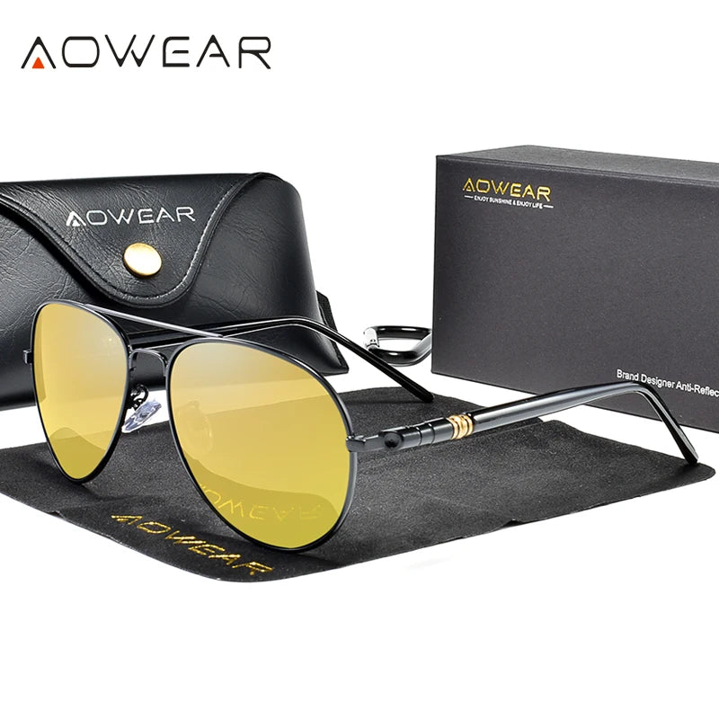Aowear hd óculos de visão noturna homem polarizado amarelo noite condução aviação óculos de sol marca designer motorista carro óculos