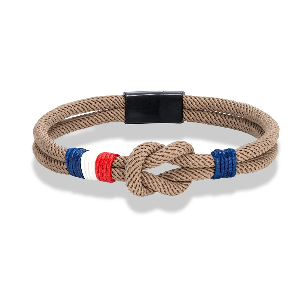 MKENDN Pulseira de corda com nó quadrado de aço inoxidável preto, masculina, feminina, feita à mão, design de camada dupla, bandeira da França, joias de casal