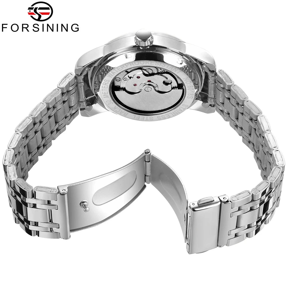 Forsining moda masculina luxo negócios pulseira de metal turbilhão luminoso relógio mecânico automático diamante artificial relógio de pulso