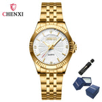 CHENXI-Homens e Mulheres Relógio De Pulso De Quartzo De Aço Inoxidável, Relógios De Negócios Impermeáveis, Relógios De Vestido Dourado Único, Marca De Luxo, 050A