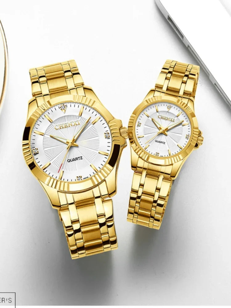 CHENXI-Homens e Mulheres Relógio De Pulso De Quartzo De Aço Inoxidável, Relógios De Negócios Impermeáveis, Relógios De Vestido Dourado Único, Marca De Luxo, 050A
