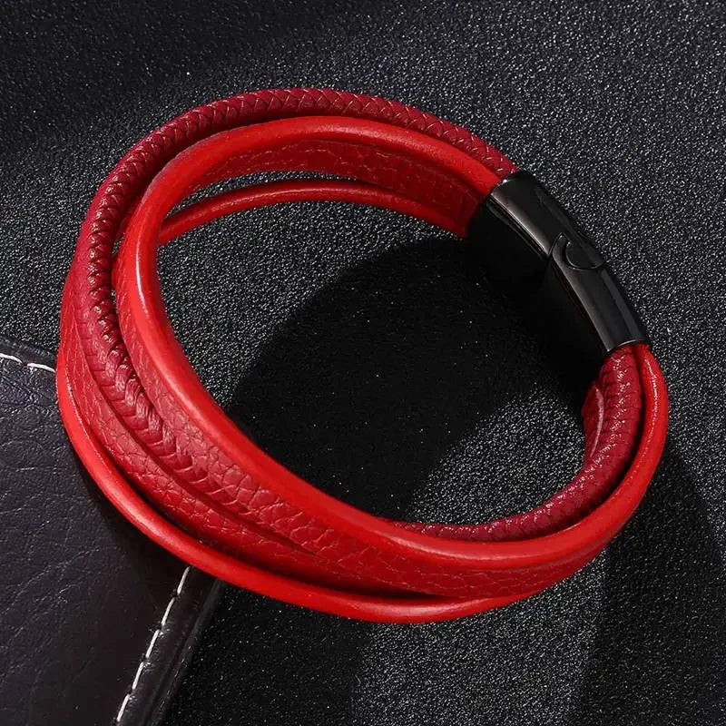 Moda pulseiras de couro vermelho masculino aço inoxidável multicamadas trançado corda pulseiras para mulheres pulseira jóias presentes sp1076