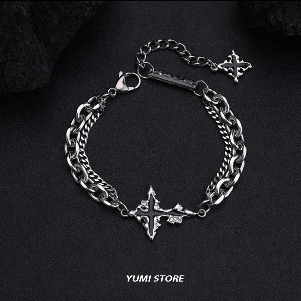 Retro chama cruz pulseira para homem mulher hip hop titânio aço splice corrente charme unisex jóias legal kpop acessórios de luxo