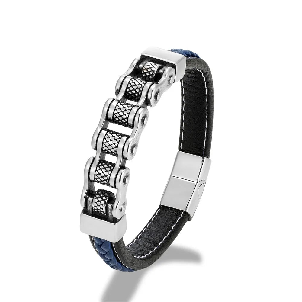 Mkendn punk masculino corrente de motociclista trançado pulseira de couro genuíno aço inoxidável fivela magnética pulseira presentes homme pulseras