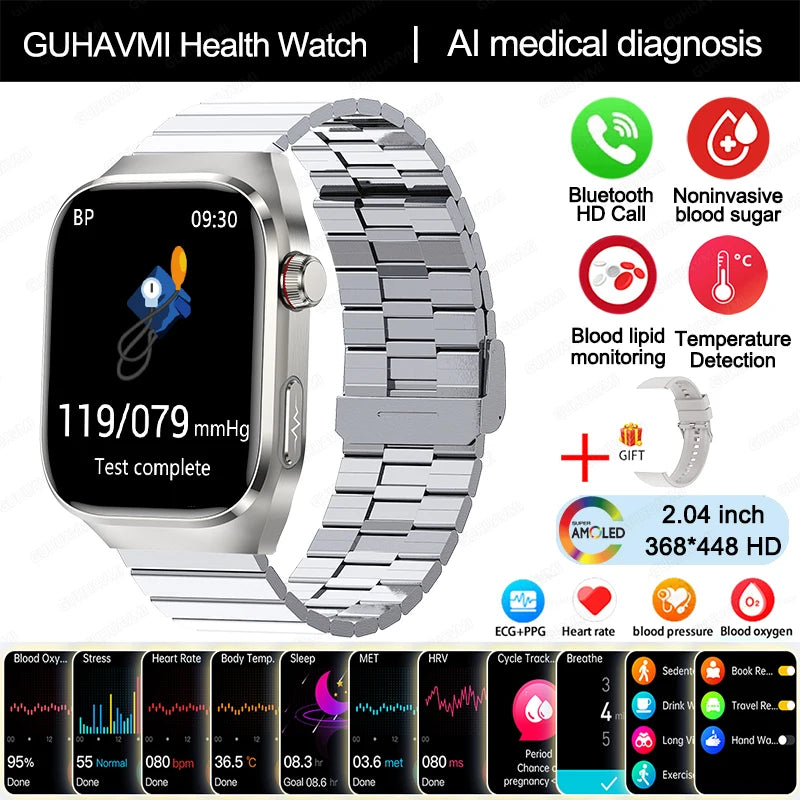 2024 novo grau médico ácido úrico gordura no sangue smartwatch ecg glicose no sangue freqüência cardíaca pressão arterial monitoramento de saúde relógio inteligente