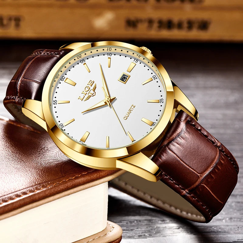 Lige moda relógio de couro marrom masculino militar esportes quartzo relógios de pulso casual à prova dwaterproof água cronógrafo relogios masculino