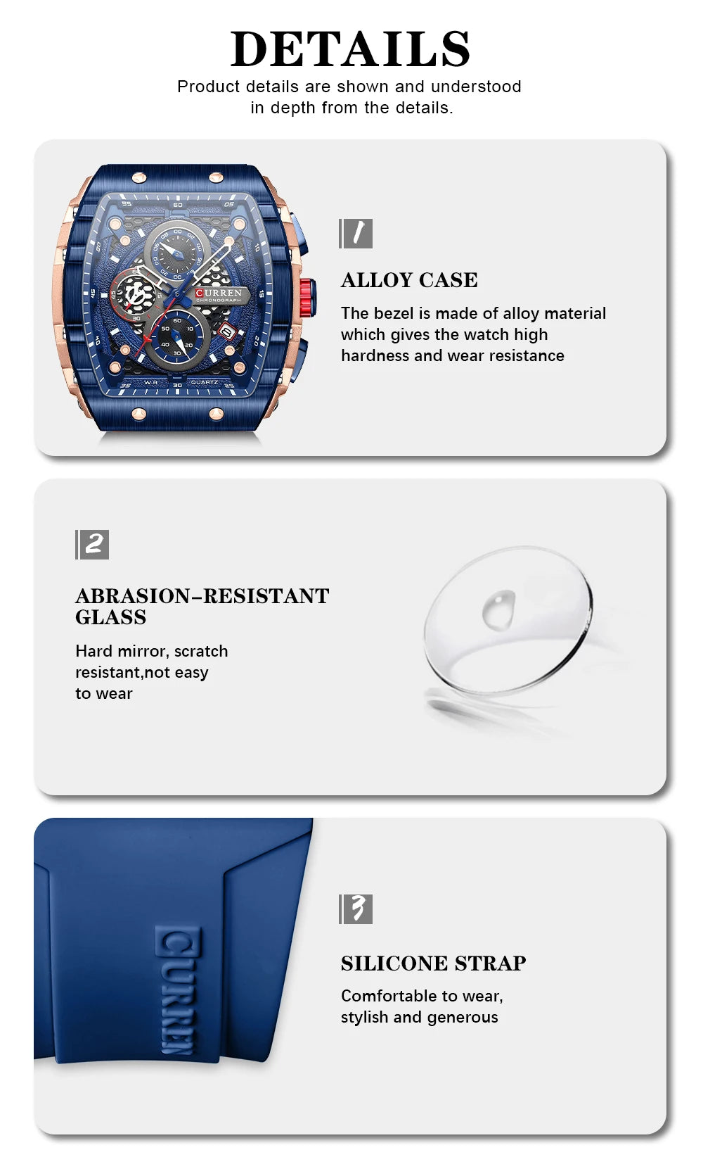 CURREN Esporte Cronógrafo Relógio de Quartzo para Homens Moda Azul Pulseira de Silicone Tonneau Dial Relógio de Pulso com Data 3atm À Prova D 'Água