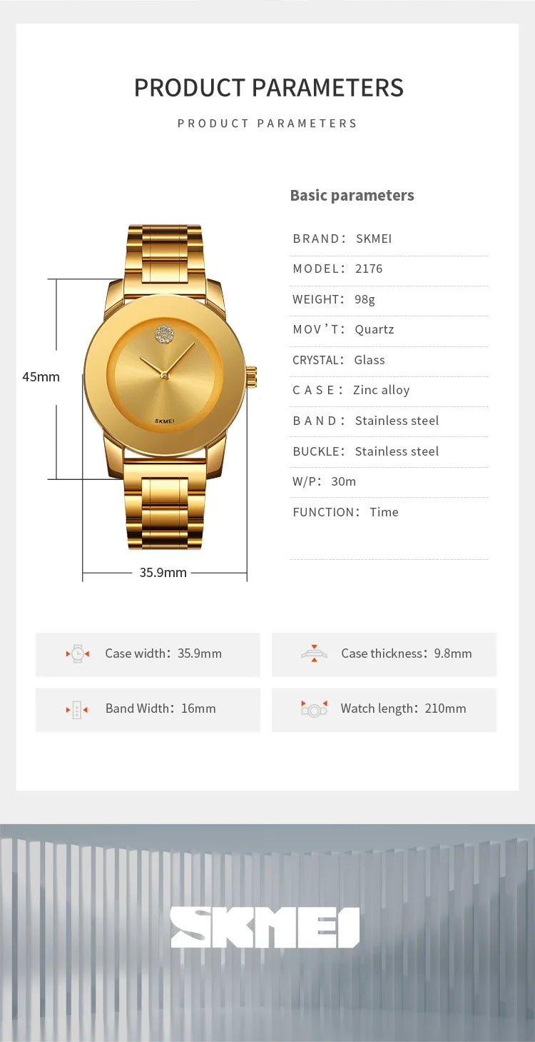Skmei unissex quartzo pulseira à prova d'água relógios de luxo pulseira de aço inoxidável estilo simples display analógico relógio de pulso fashion