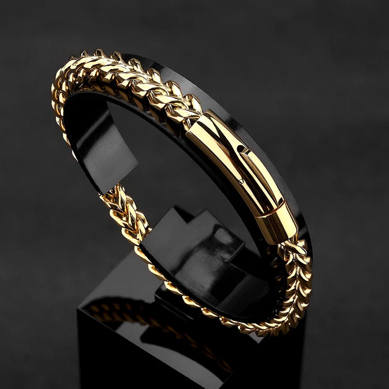MKENDN Locomotiva Homens Punk Rock Pulseira de corrente de bicicleta 18k banhado a ouro botão magnético de aço inoxidável joias masculinas presentes