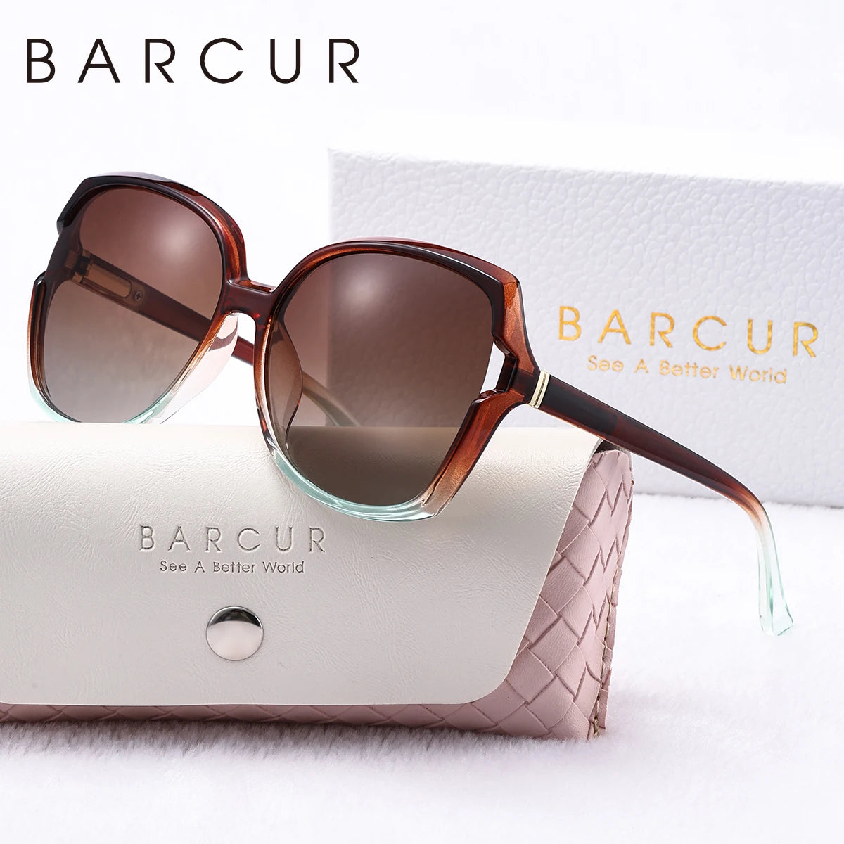 Barrcur moda feminina óculos de sol cores gradientes pc elíptico grande quadro uva/b polarizado óculos de sol branco pacote caixa de presente