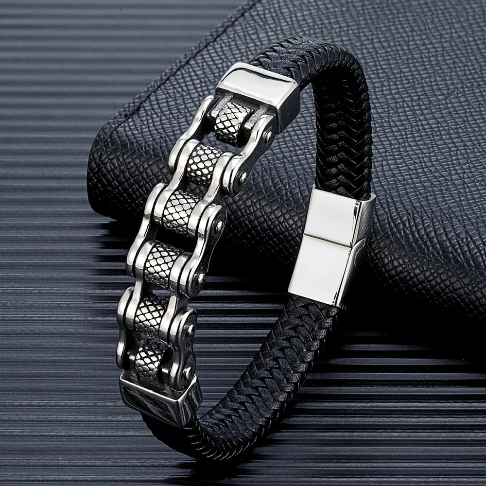 Mkendn punk masculino corrente de motociclista trançado pulseira de couro genuíno aço inoxidável fivela magnética pulseira presentes homme pulseras