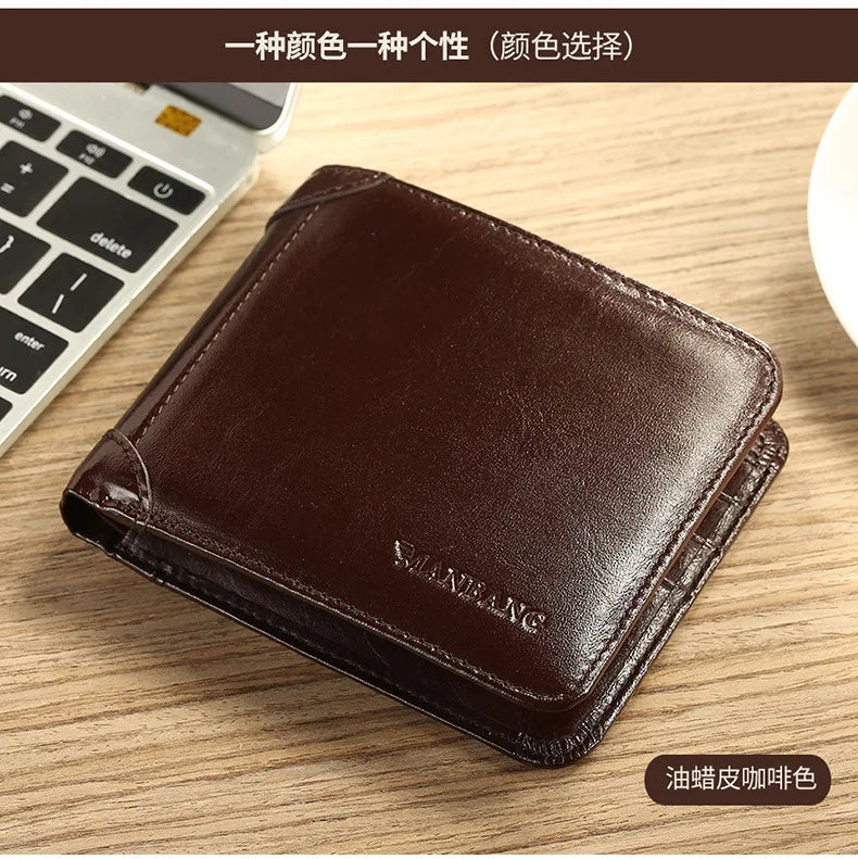 【Couro de couro genuíno】Manbang marca venda quente carteira masculina de luxo original curto tri-fold primeira camada bolsa de negócios