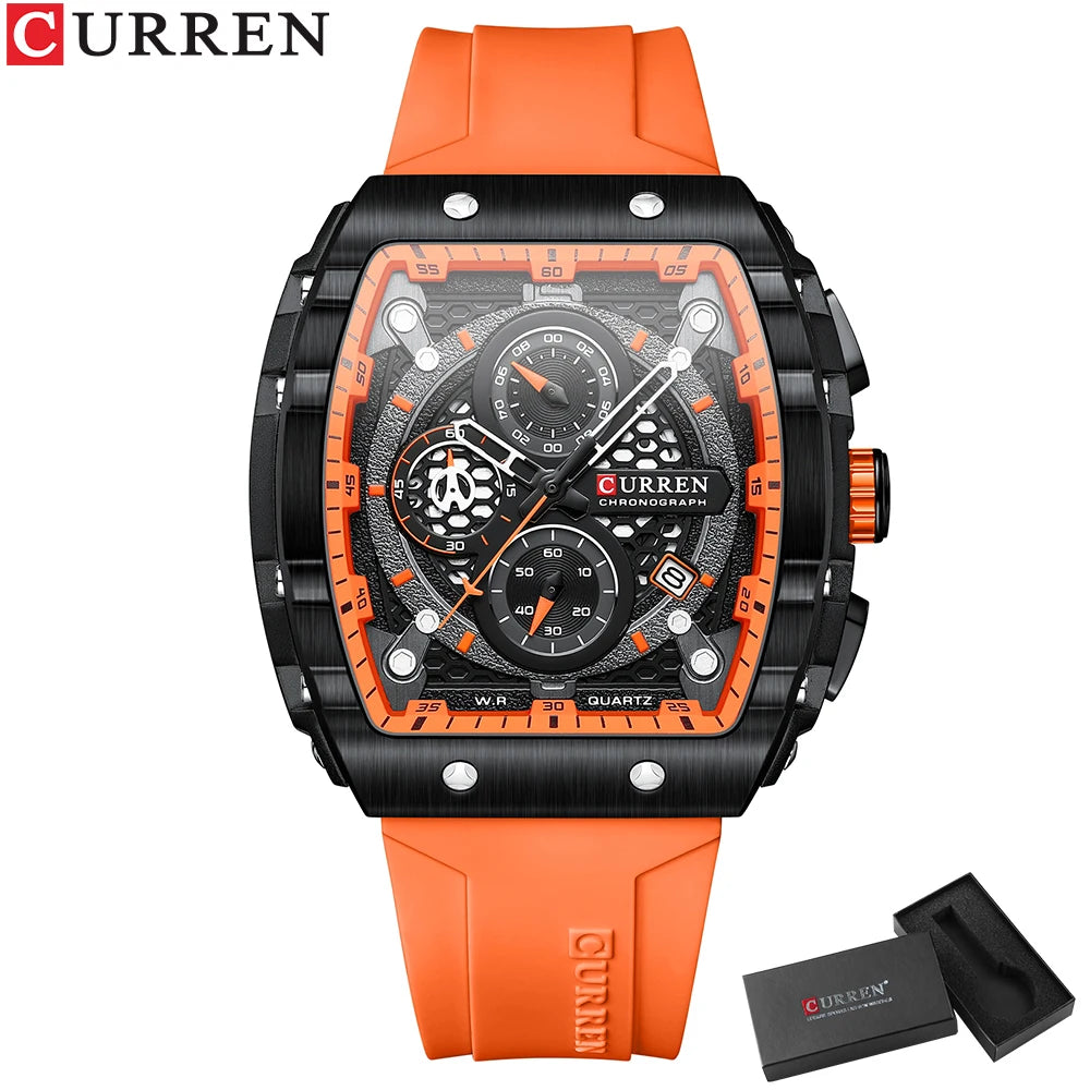 CURREN Esporte Cronógrafo Relógio de Quartzo para Homens Moda Azul Pulseira de Silicone Tonneau Dial Relógio de Pulso com Data 3atm À Prova D 'Água