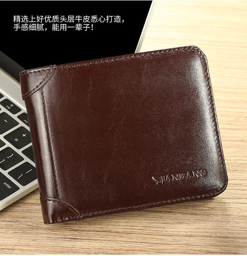 【Couro de couro genuíno】Manbang marca venda quente carteira masculina de luxo original curto tri-fold primeira camada bolsa de negócios