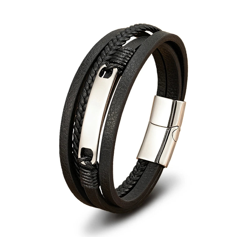 Xqni pulseira de couro trançado multicamadas, masculina, tendência legal, aço inoxidável, fivela casual, acessórios de joias, presente