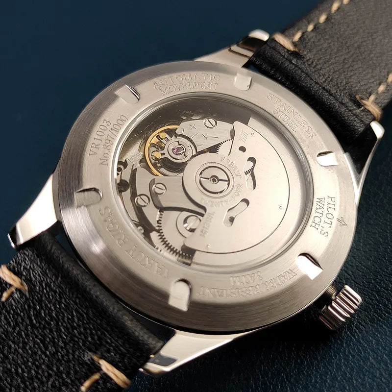 Relógio de pulso mecânico automático masculino, impermeável, calendário luminoso, ponteiro de gás, piloto alemão, NH38A movimento, C1