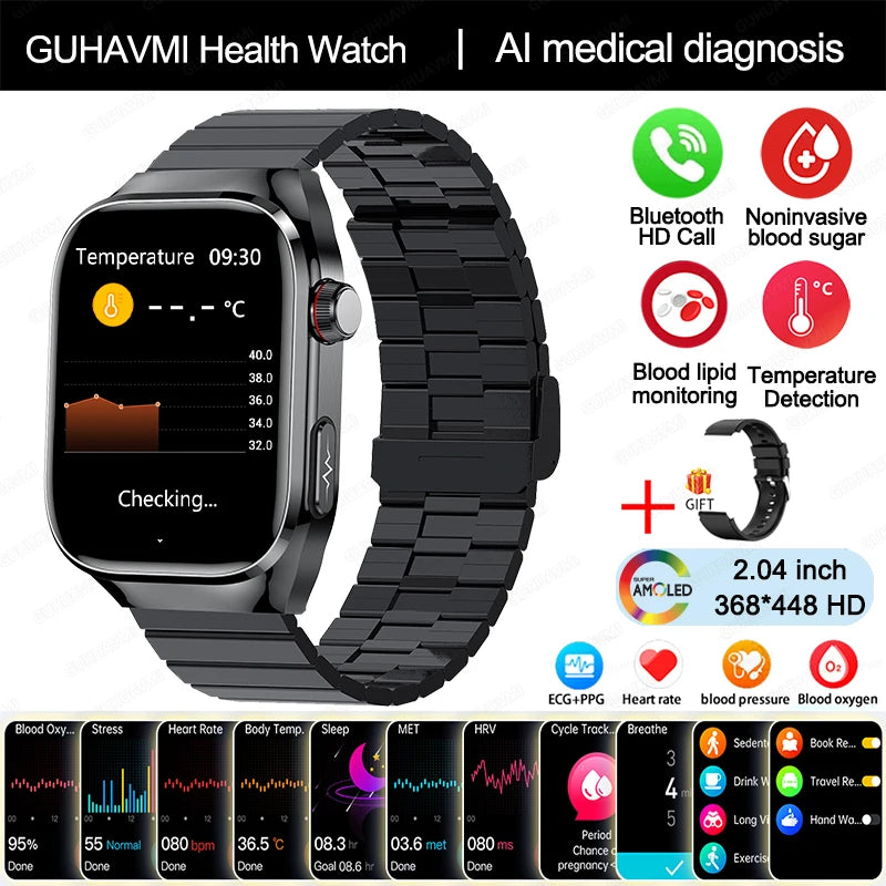 2024 novo grau médico ácido úrico gordura no sangue smartwatch ecg glicose no sangue freqüência cardíaca pressão arterial monitoramento de saúde relógio inteligente