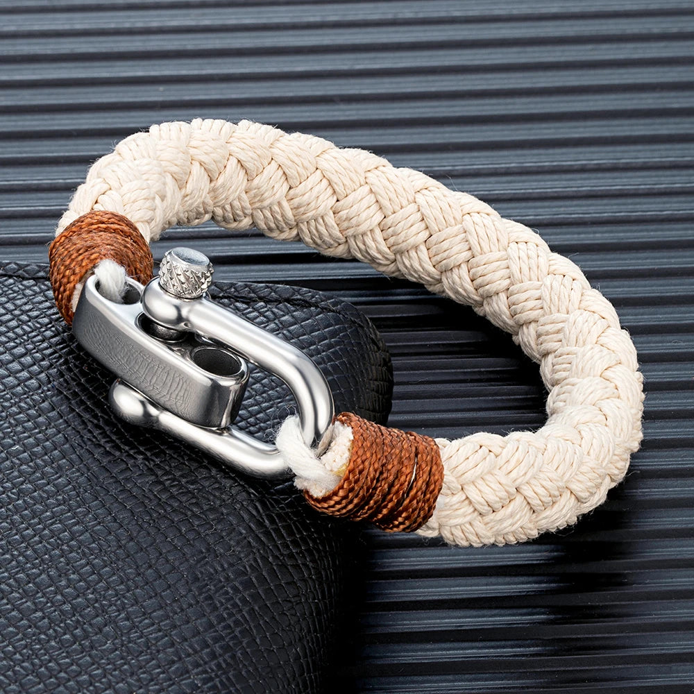 Mkendn estilo náutico pulseira de corda larga moda masculina aço inoxidável ajustável manilha fecho envoltório pulseiras artesanal jóias presente