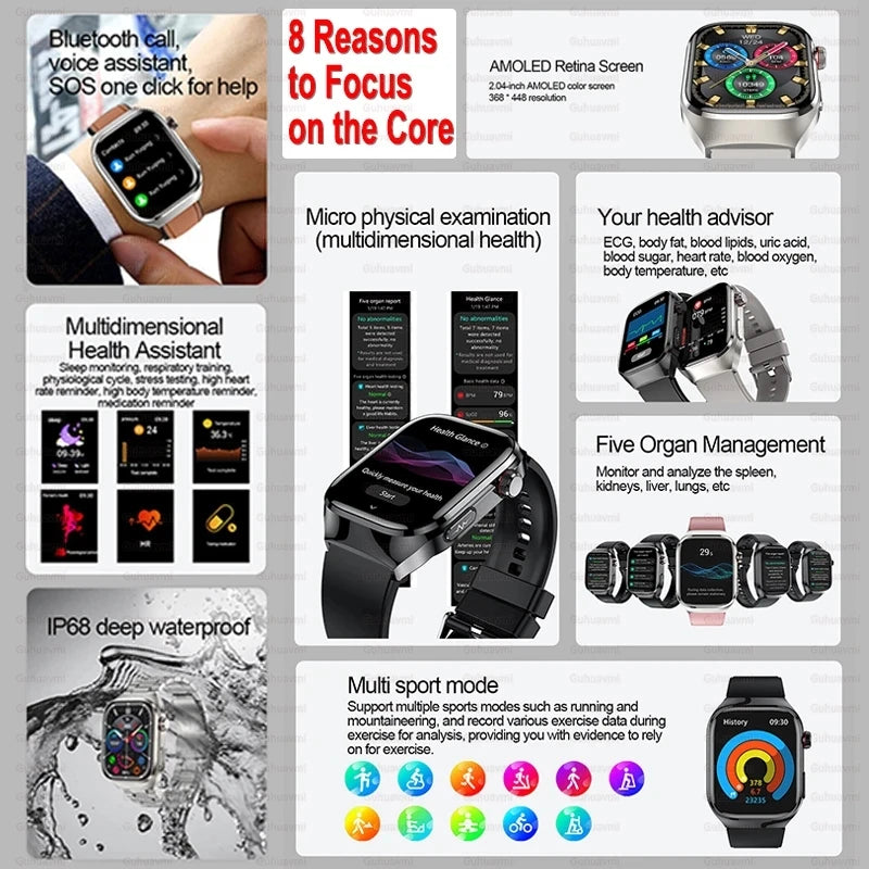 2024 novo grau médico ácido úrico gordura no sangue smartwatch ecg glicose no sangue freqüência cardíaca pressão arterial monitoramento de saúde relógio inteligente