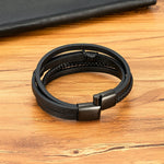 Xqni pulseira de couro trançado multicamadas, masculina, tendência legal, aço inoxidável, fivela casual, acessórios de joias, presente