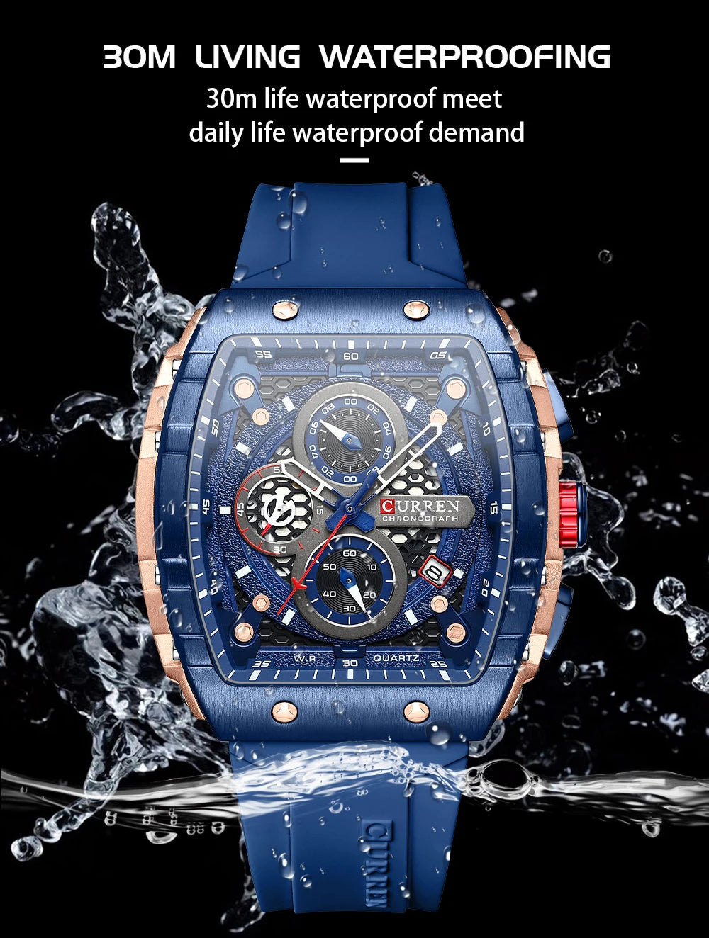 CURREN Esporte Cronógrafo Relógio de Quartzo para Homens Moda Azul Pulseira de Silicone Tonneau Dial Relógio de Pulso com Data 3atm À Prova D 'Água