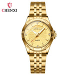 CHENXI-Homens e Mulheres Relógio De Pulso De Quartzo De Aço Inoxidável, Relógios De Negócios Impermeáveis, Relógios De Vestido Dourado Único, Marca De Luxo, 050A