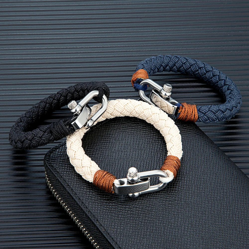 Mkendn estilo náutico pulseira de corda larga moda masculina aço inoxidável ajustável manilha fecho envoltório pulseiras artesanal jóias presente