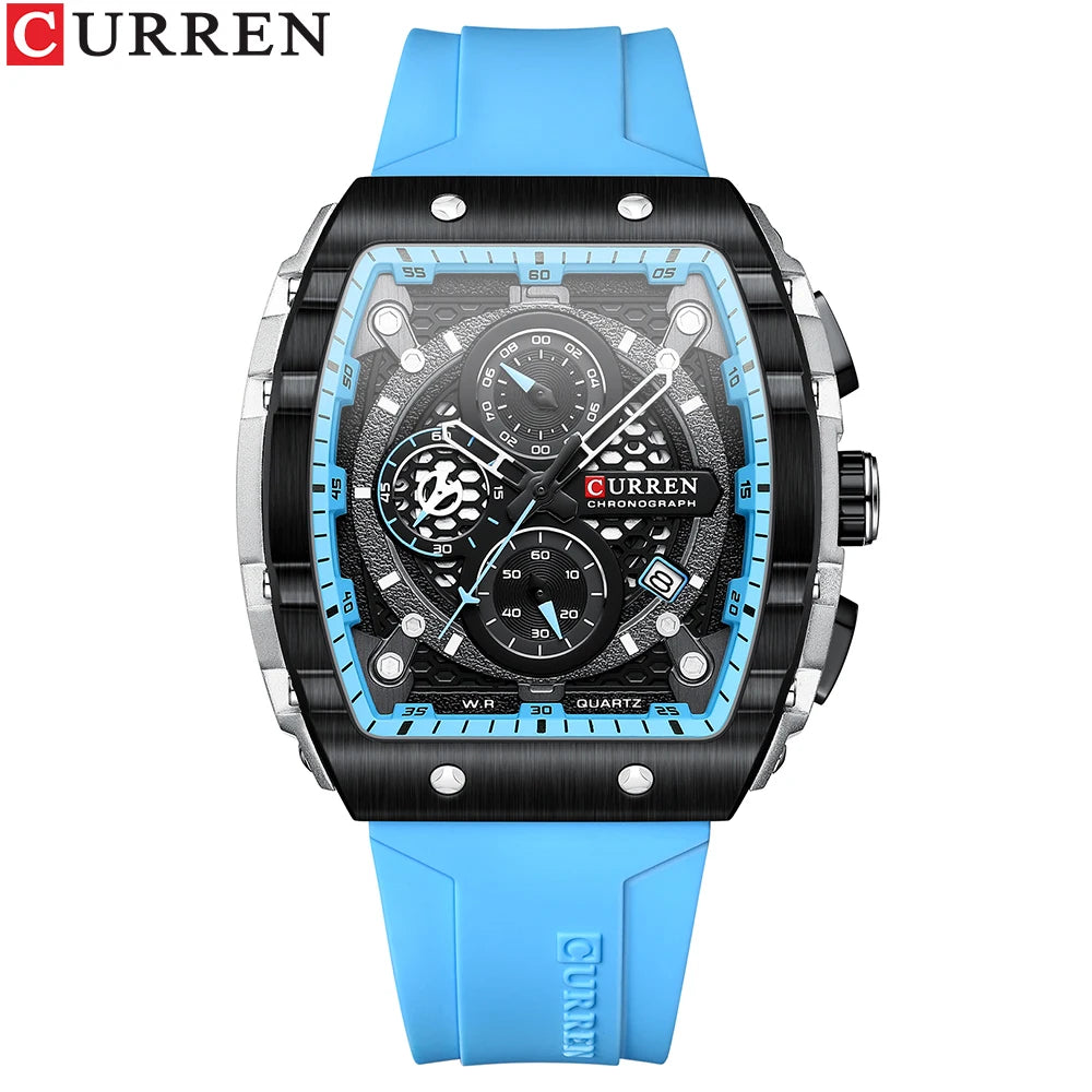 CURREN Esporte Cronógrafo Relógio de Quartzo para Homens Moda Azul Pulseira de Silicone Tonneau Dial Relógio de Pulso com Data 3atm À Prova D 'Água