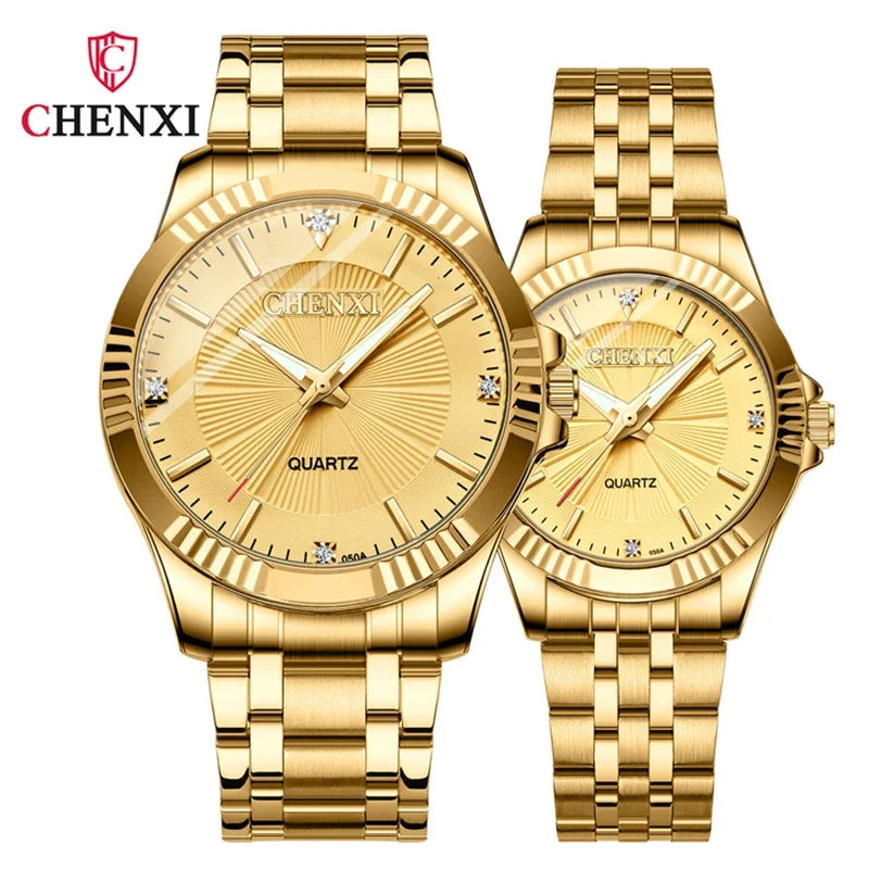 CHENXI-Homens e Mulheres Relógio De Pulso De Quartzo De Aço Inoxidável, Relógios De Negócios Impermeáveis, Relógios De Vestido Dourado Único, Marca De Luxo, 050A