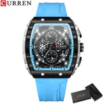 CURREN Esporte Cronógrafo Relógio de Quartzo para Homens Moda Azul Pulseira de Silicone Tonneau Dial Relógio de Pulso com Data 3atm À Prova D 'Água