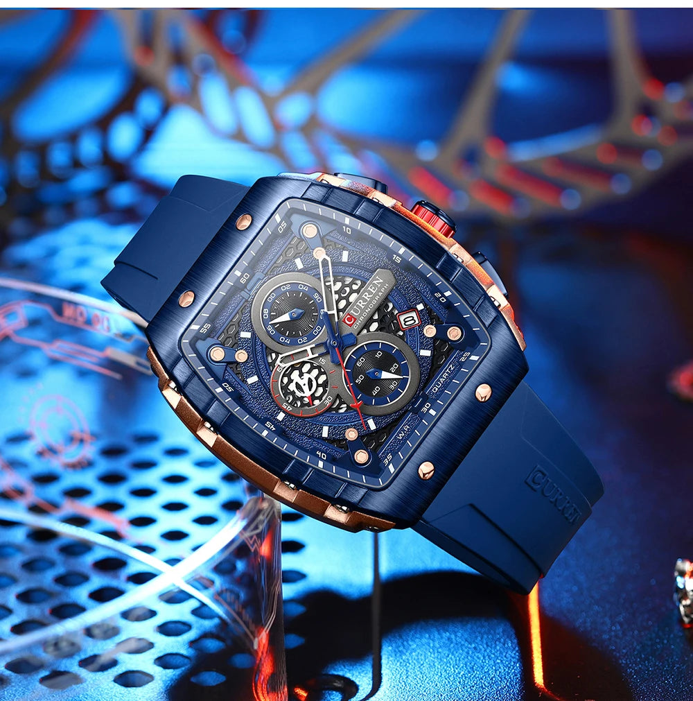CURREN Esporte Cronógrafo Relógio de Quartzo para Homens Moda Azul Pulseira de Silicone Tonneau Dial Relógio de Pulso com Data 3atm À Prova D 'Água