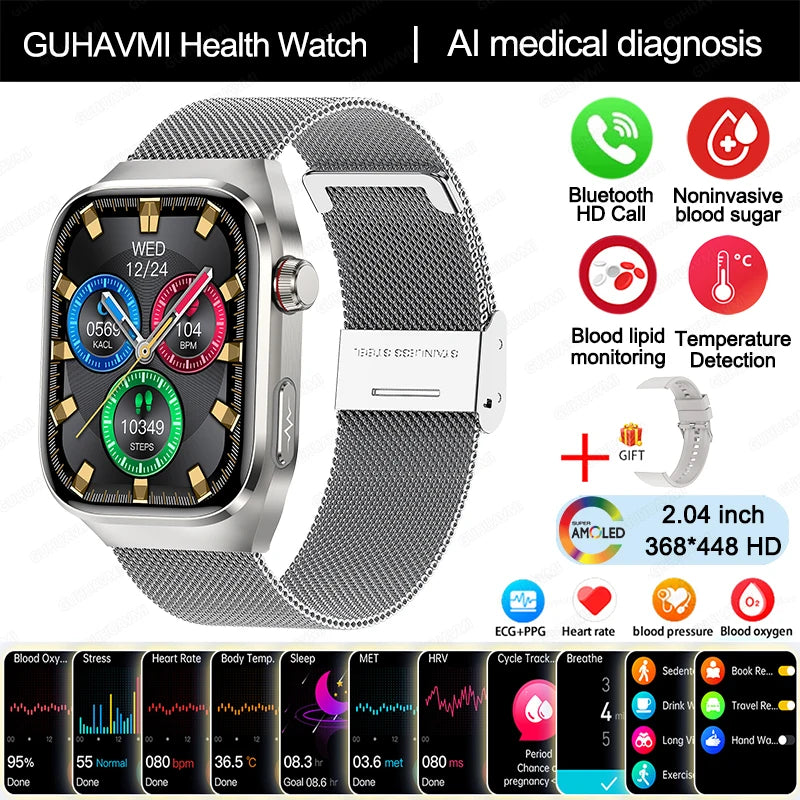 2024 novo grau médico ácido úrico gordura no sangue smartwatch ecg glicose no sangue freqüência cardíaca pressão arterial monitoramento de saúde relógio inteligente