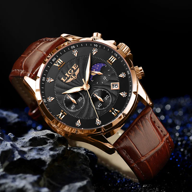 Novos relógios masculinos lige marca superior de luxo couro casual relógio quartzo esporte à prova dwaterproof água relógio relogios masculino + caixa