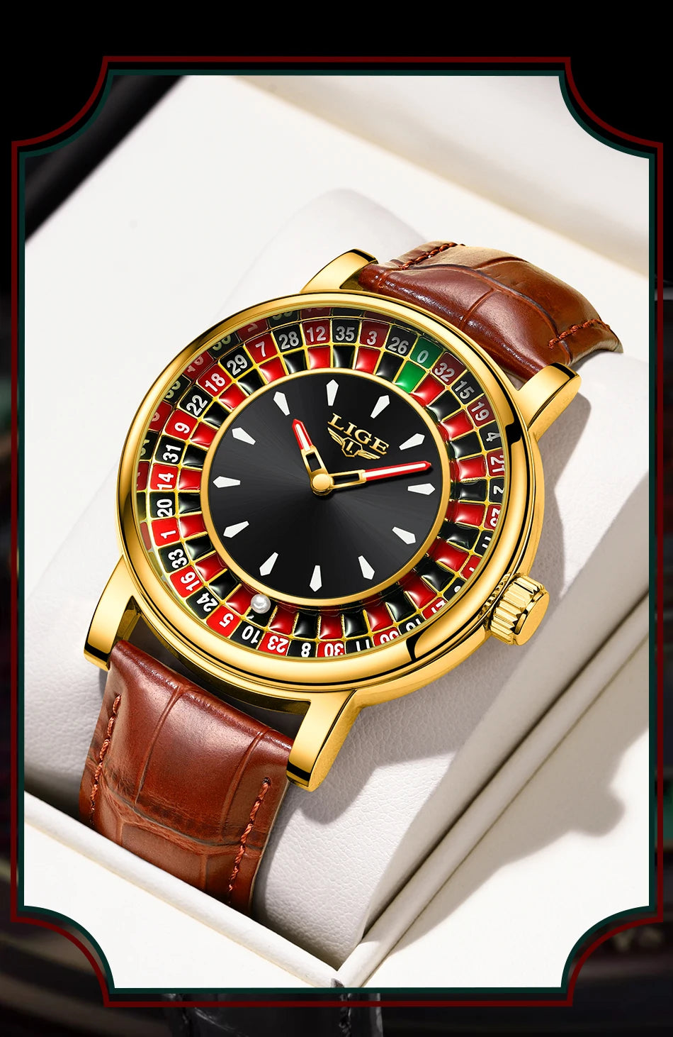 Lige moda couro marrom relógio masculino mostrador rotativo las vegas roleta tema de mesa relógio masculino à prova dwaterproof água relógios luminosos