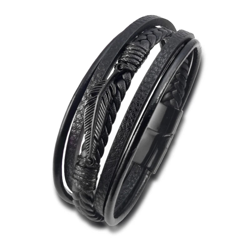 Combinação de couro multicamadas acessórios de folha de bordo estilo simples pulseira de couro de aço inoxidável masculino presente clássico grande venda